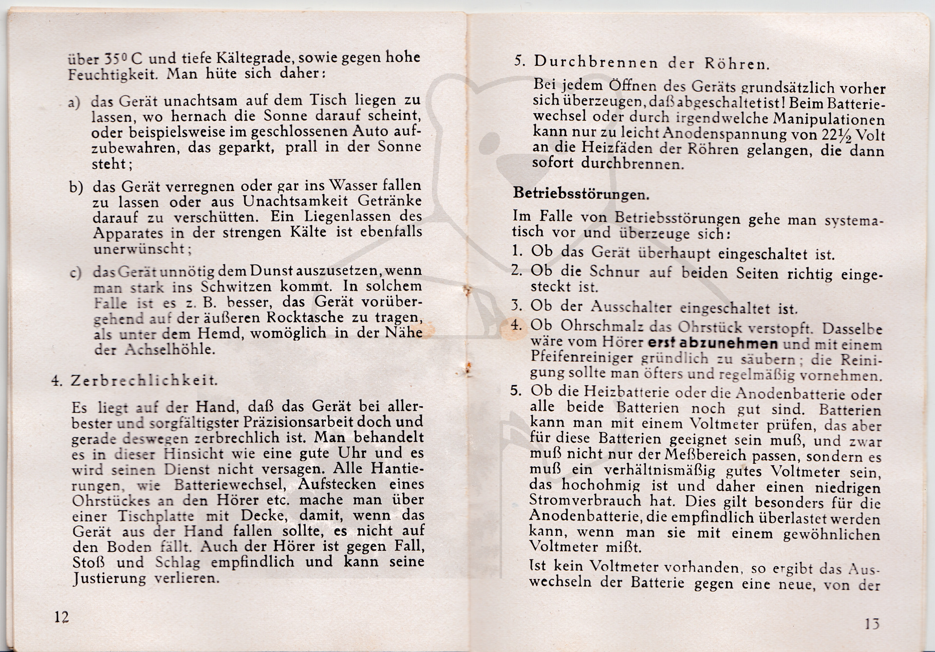 Hörgerät "Fortiphone Type 20", ca. 1949, Anleitung Seite 12 - 13